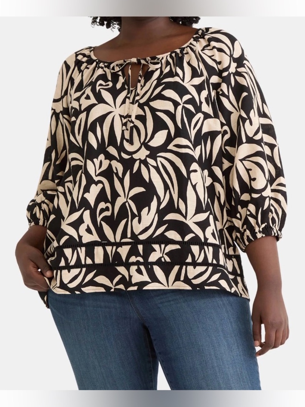Terra & Sky 4X Peasant Linen Blend Blouse with Tropical Leafs Cream and Black